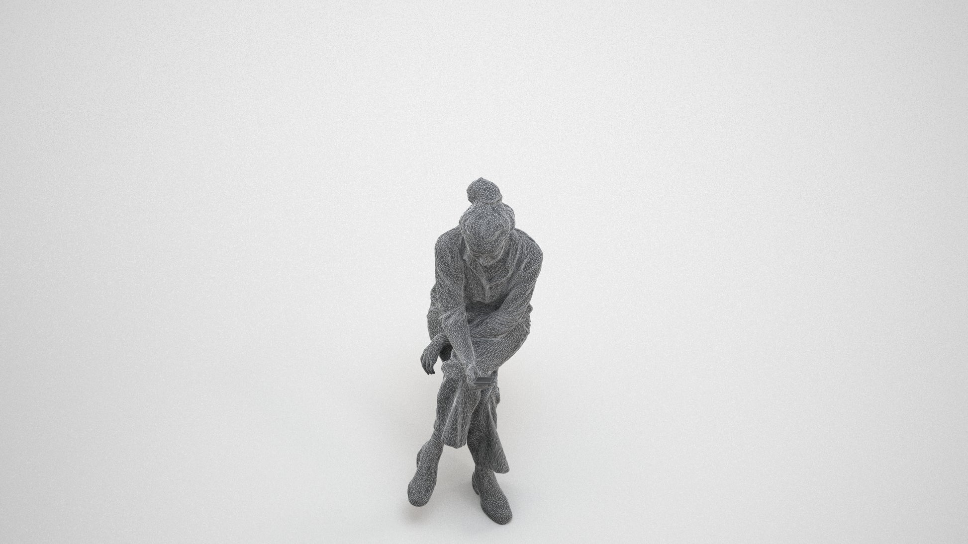 photogrammetry 3D woman casual sitting, realistic human model archviz FBX, wireframe three-quarter view