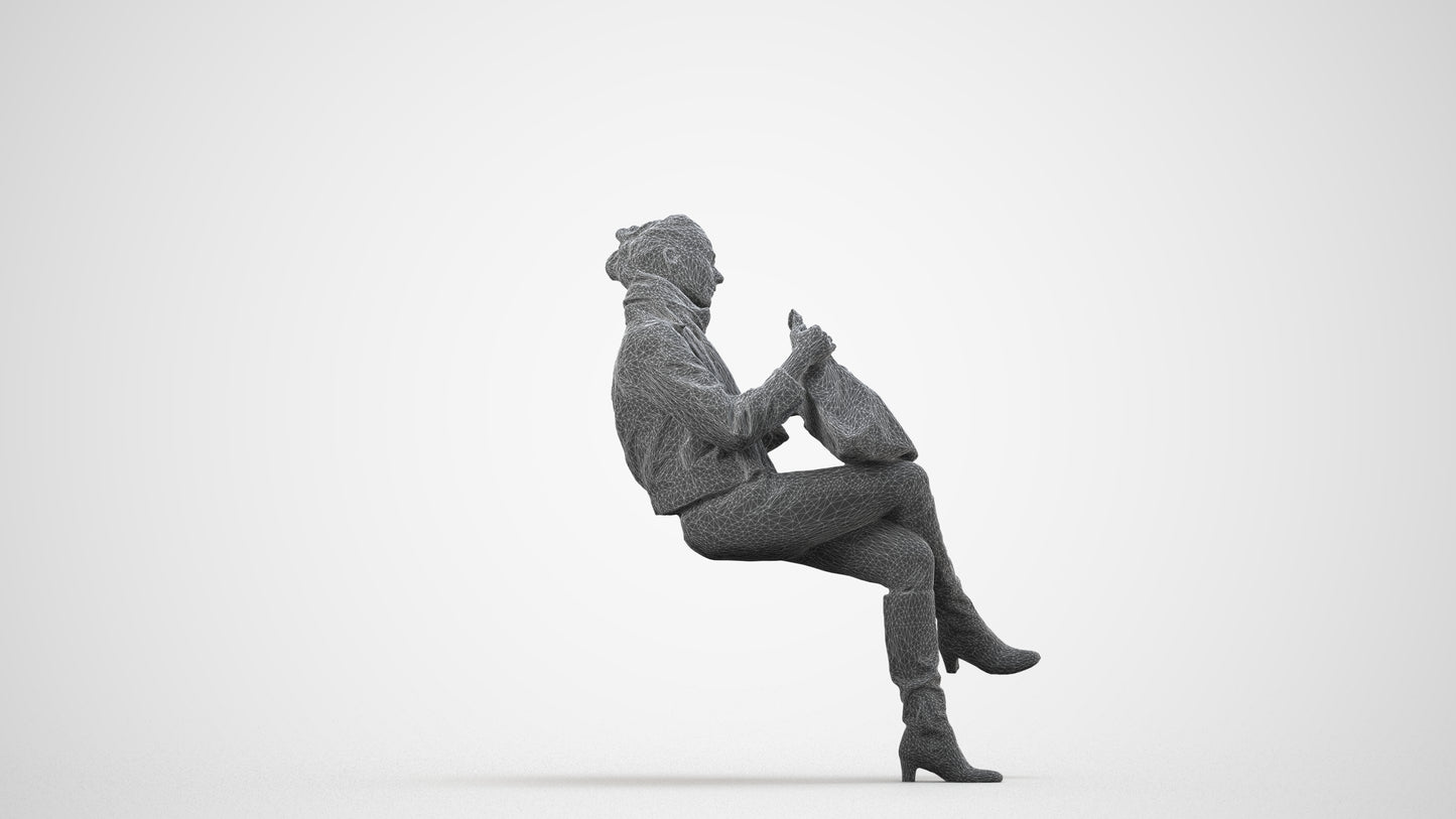 realistic 3D human woman casual sitting, archviz people FBX OBJ for Blender, wireframe side view
