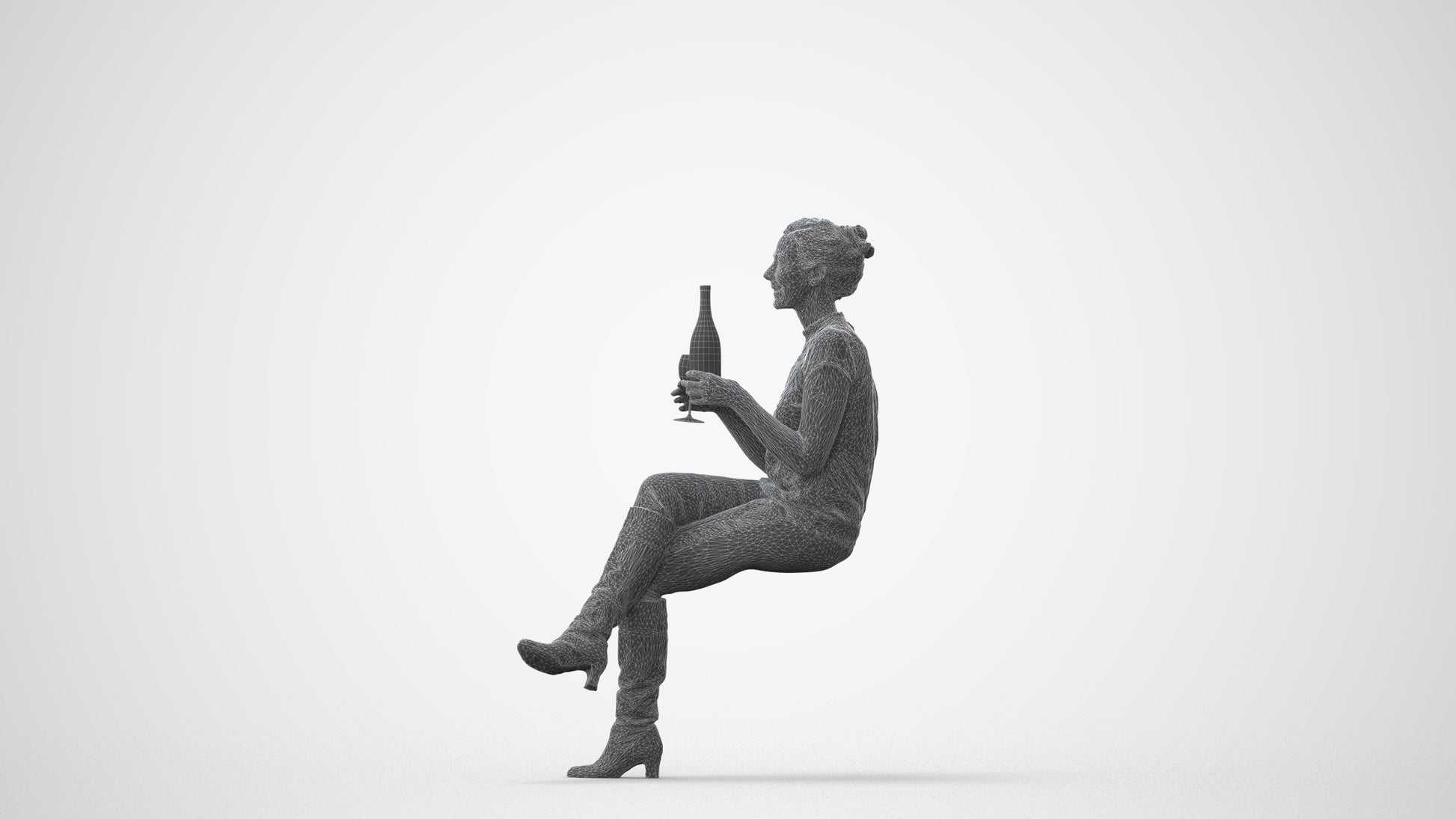 3D human model woman casual sitting, photogrammetry scanned person for archviz, square thumbnail