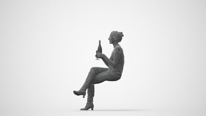 3D human model woman casual sitting, photogrammetry scanned person for archviz, square thumbnail