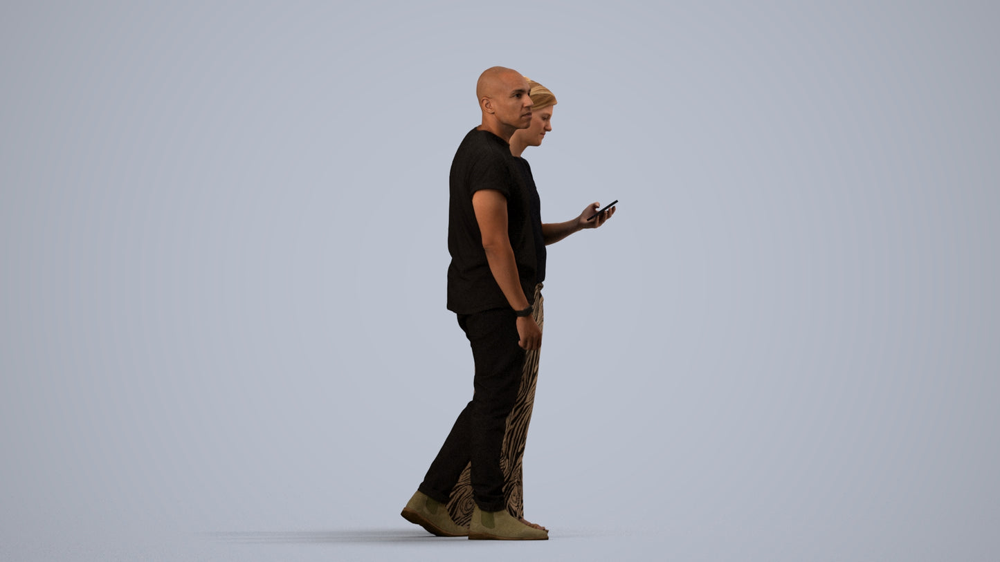 realistic 3D human woman casual couple, archviz people FBX OBJ for Blender, side view render