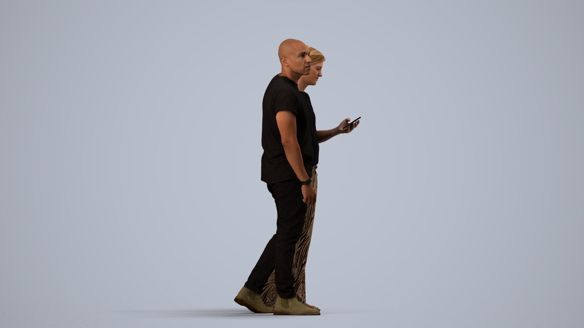 realistic 3D human woman casual couple, archviz people FBX OBJ for Blender, side view render