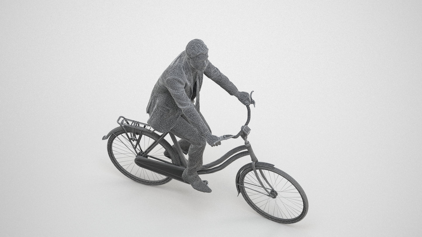 scanned 3D man business cycling, photogrammetry people for Enscape and V-Ray, wireframe three-quarter view