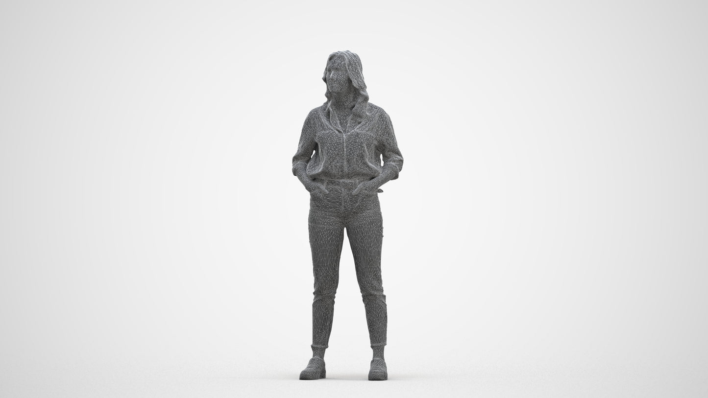 realistic 3D woman casual standing, scanned archviz people for Blender and 3ds Max, three-quarter front view render