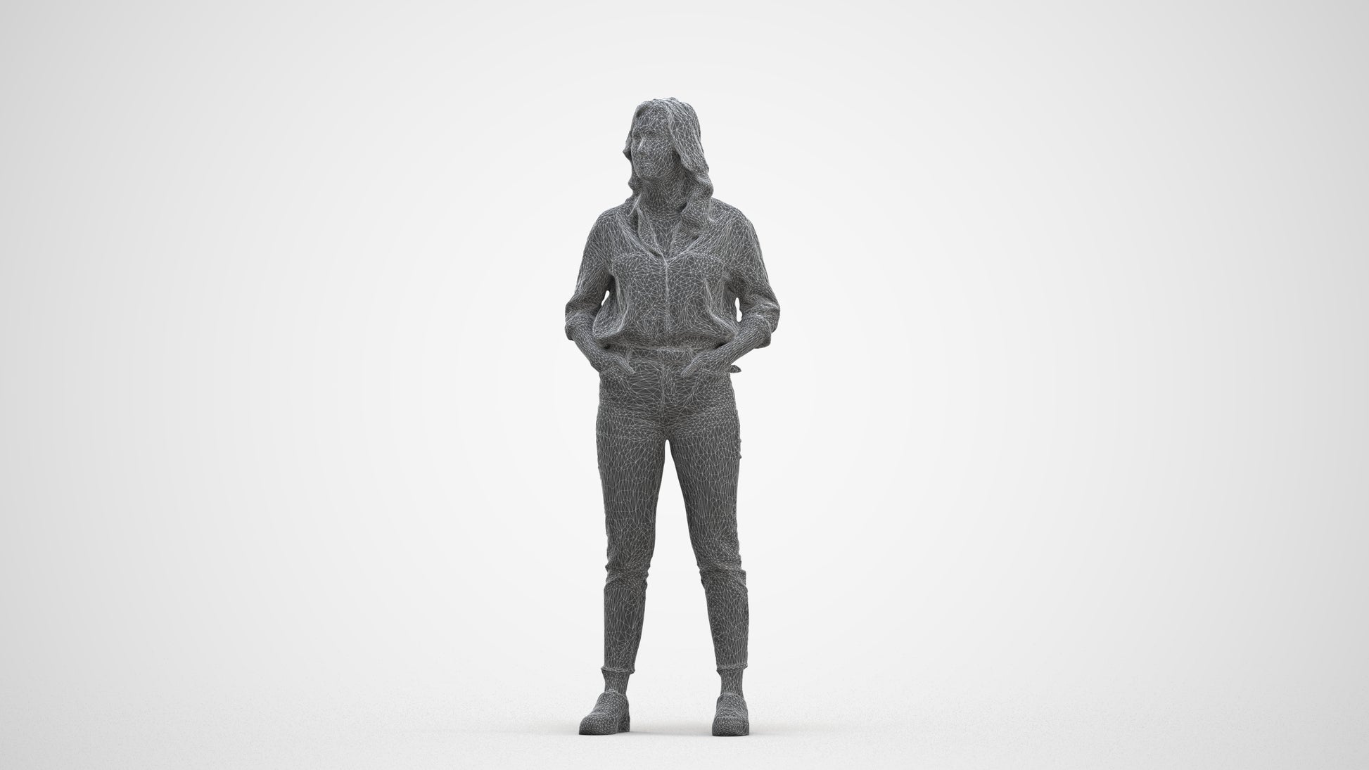 realistic 3D woman casual standing, scanned archviz people for Blender and 3ds Max, three-quarter front view render