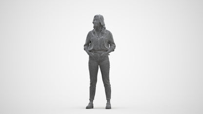 realistic 3D woman casual standing, scanned archviz people for Blender and 3ds Max, three-quarter front view render