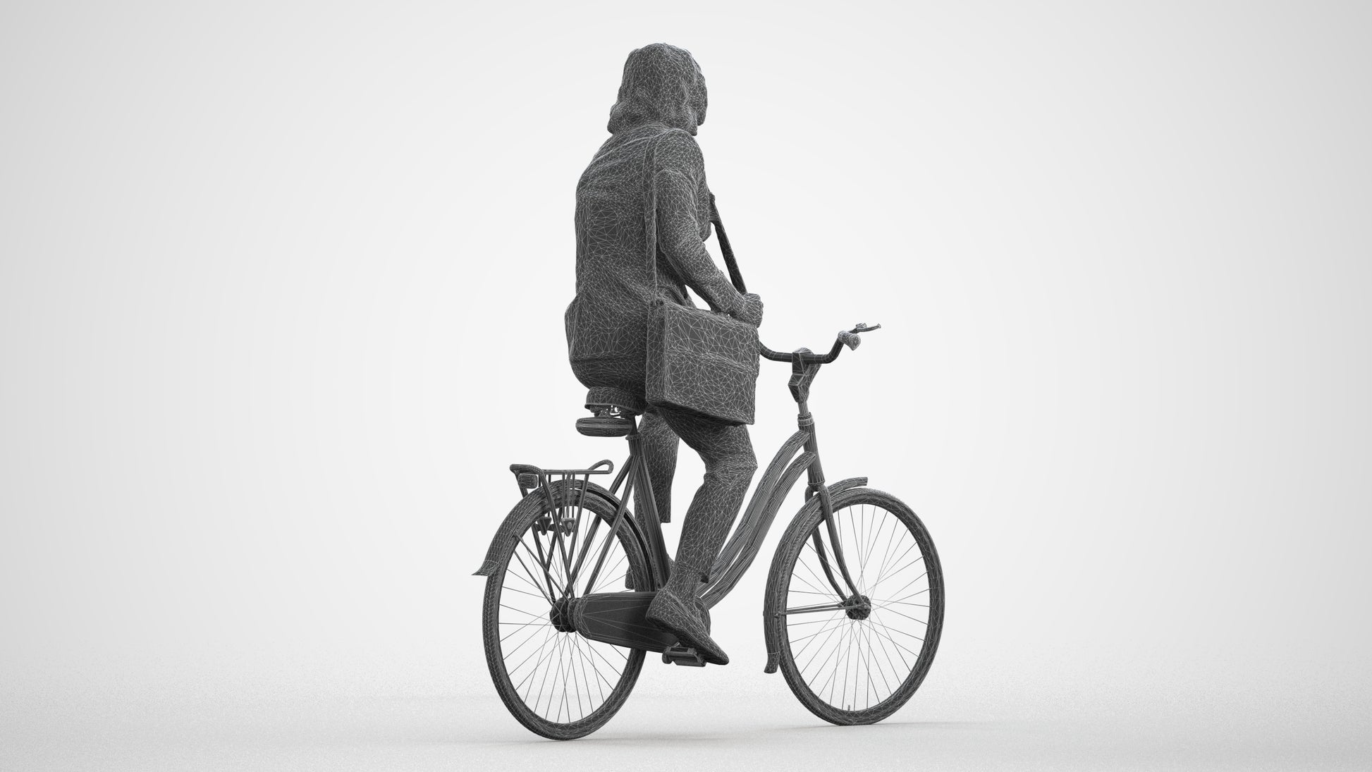 3D human model man business cycling, photogrammetry scanned person for archviz, wireframe front view