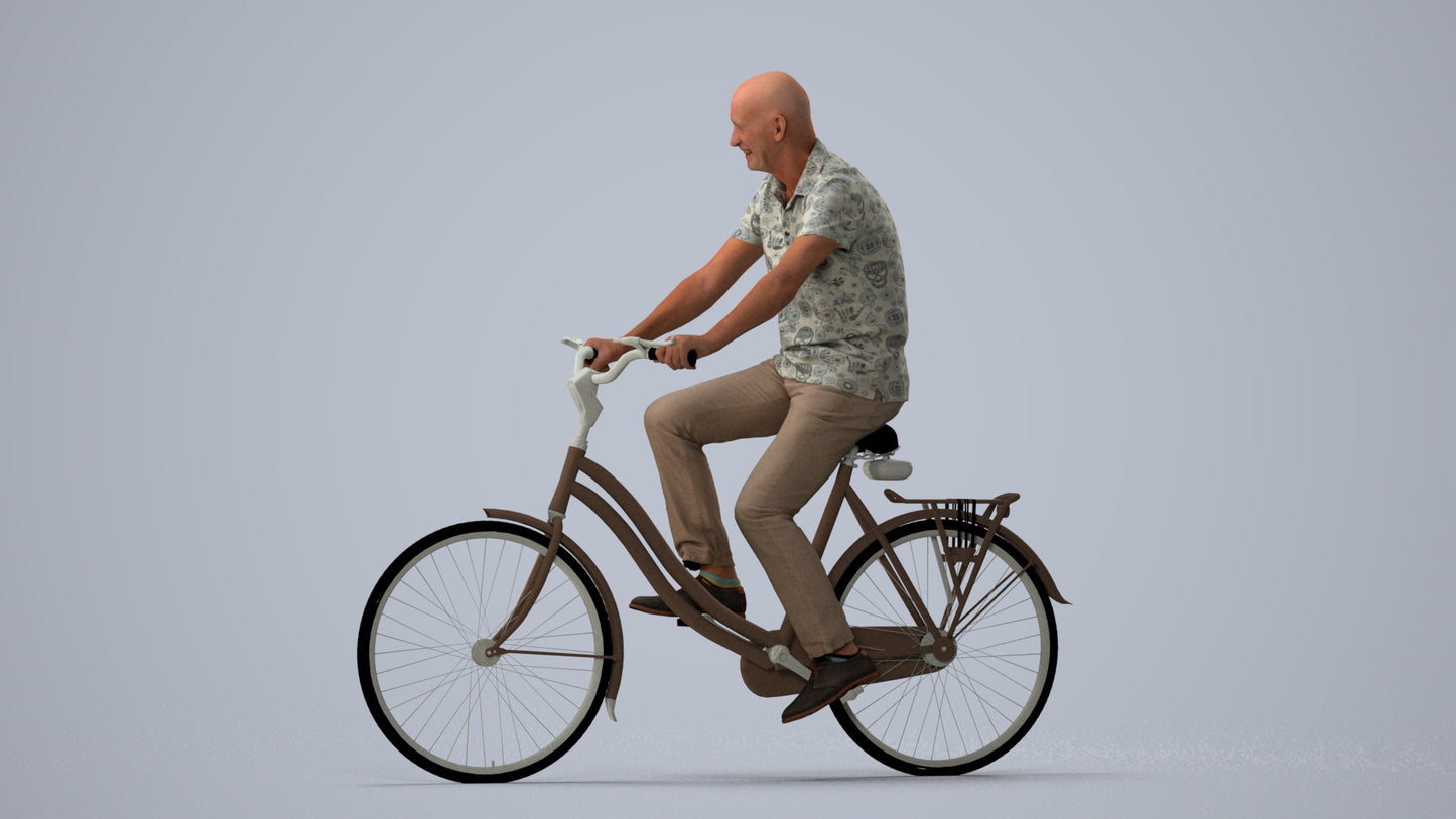 photogrammetry 3D senior man casual cycling, realistic human model archviz FBX, three-quarter view render
