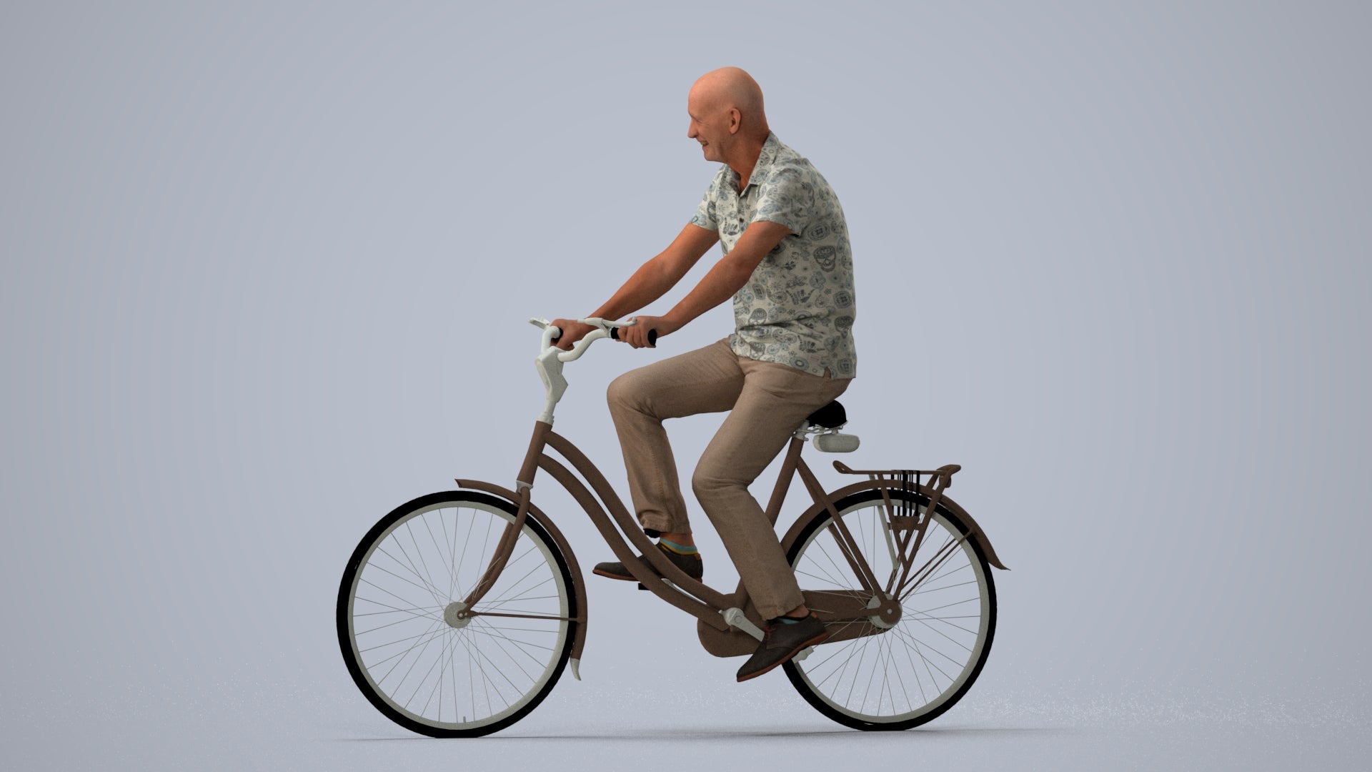 photogrammetry 3D senior man casual cycling, realistic human model archviz FBX, three-quarter view render