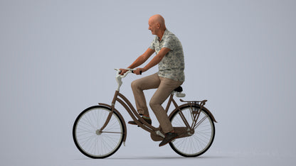 photogrammetry 3D senior man casual cycling, realistic human model archviz FBX, three-quarter view render