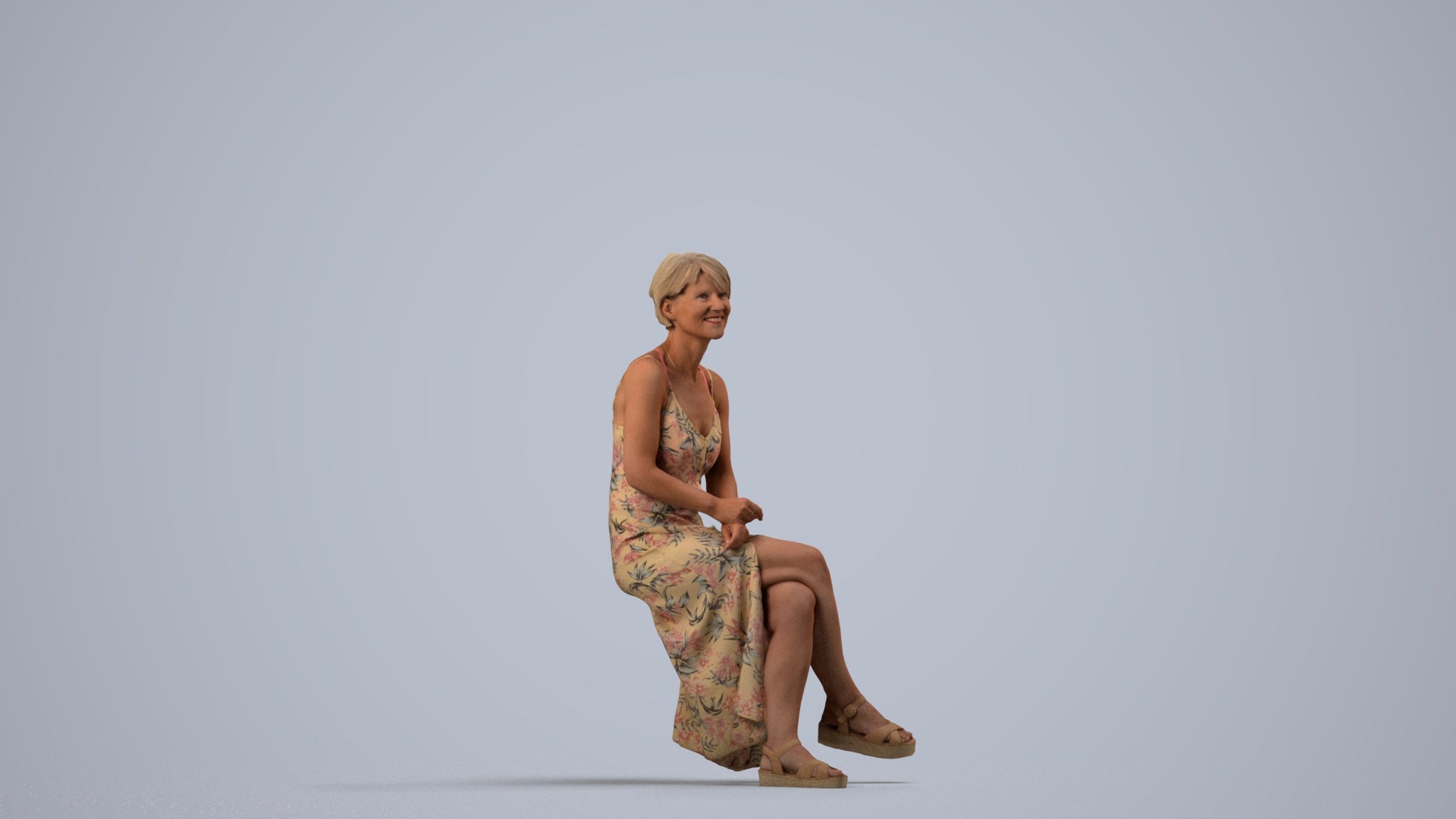 3D people model senior woman sitting, scanned human for 3ds Max rendering, side view render
