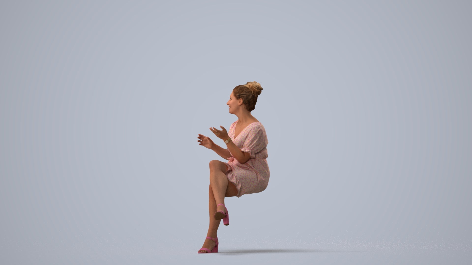 realistic 3D people woman casual sitting, render-ready for V-Ray and Corona, FBX OBJ, three-quarter view render