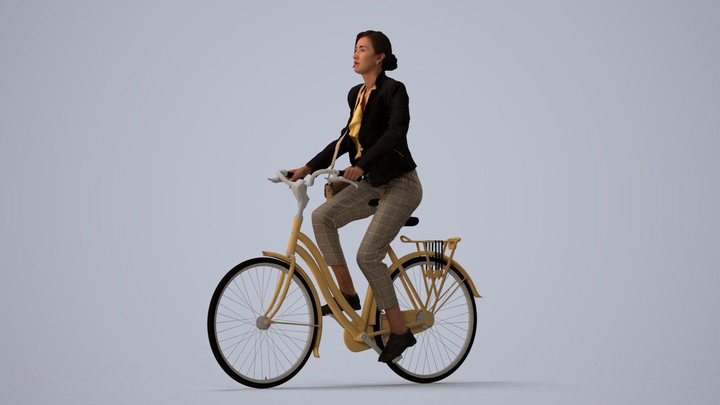3D people model woman business cycling, scanned human for 3ds Max rendering, three-quarter view render