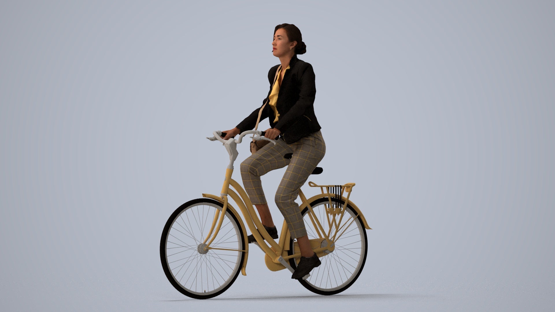 3D people model woman business cycling, scanned human for 3ds Max rendering, three-quarter view render