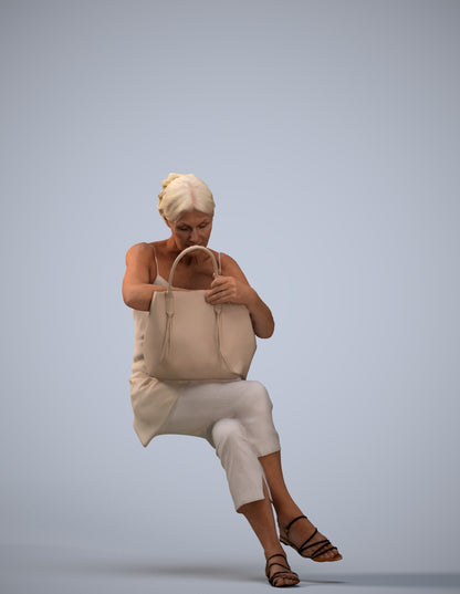 3D scanned senior woman sitting casual, photorealistic archviz people for Enscape and SketchUp
