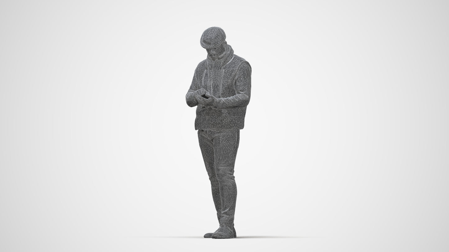 3D scanned man standing casual, photorealistic archviz people for Enscape and SketchUp, wireframe back view