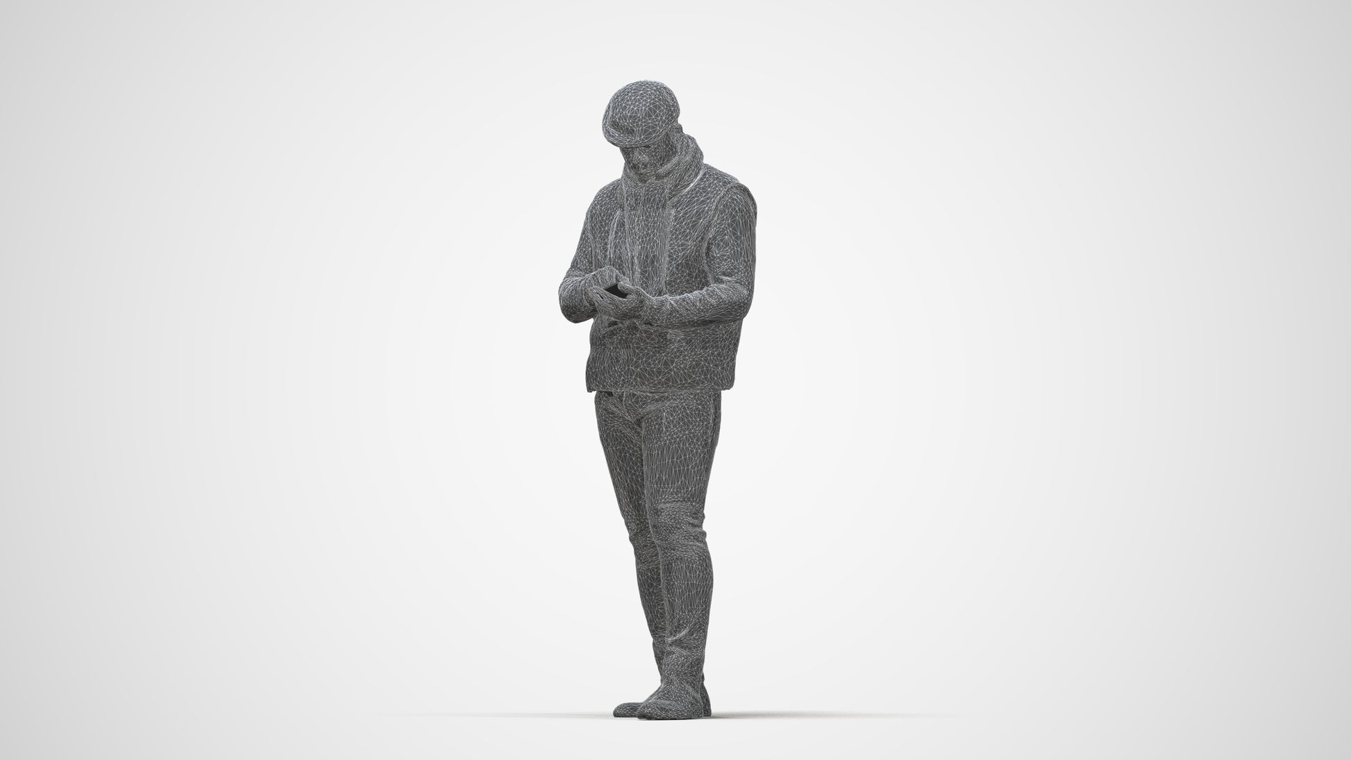 3D scanned man standing casual, photorealistic archviz people for Enscape and SketchUp, wireframe back view