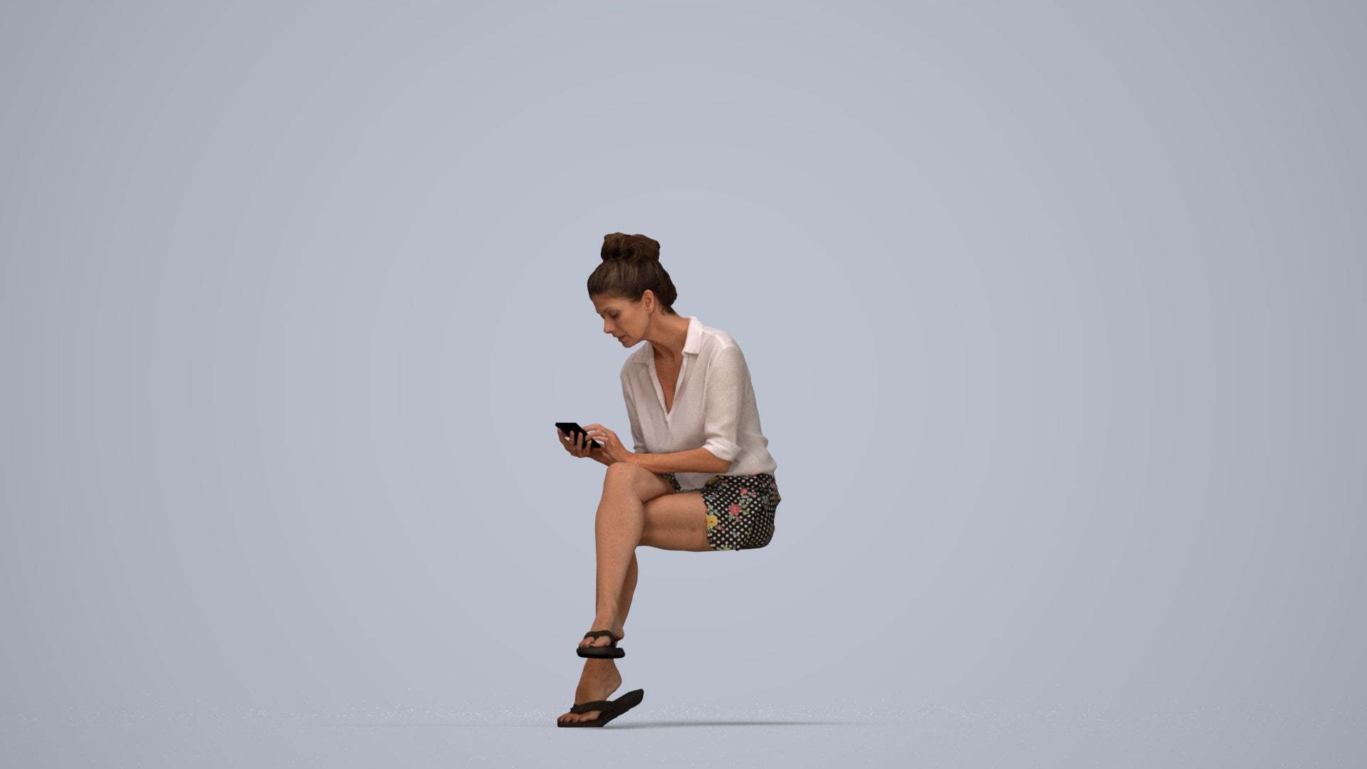 scanned 3D woman casual sitting, photogrammetry people for Enscape and V-Ray, top-down view render