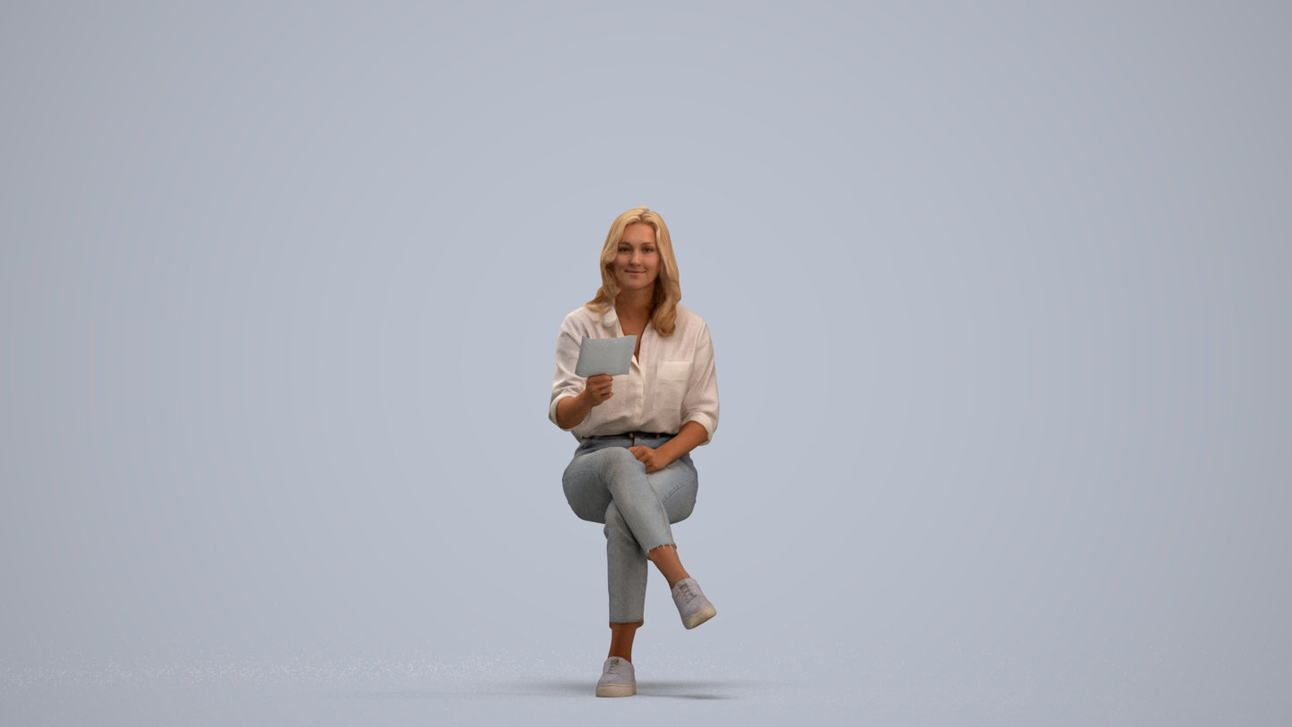photogrammetry 3D woman casual sitting, realistic human model archviz FBX, standing pose render