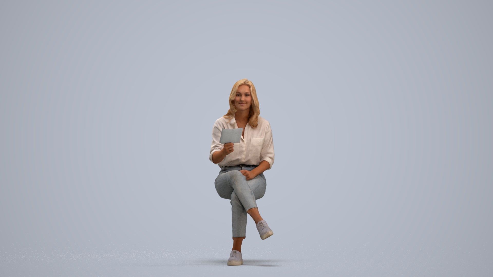 photogrammetry 3D woman casual sitting, realistic human model archviz FBX, standing pose render