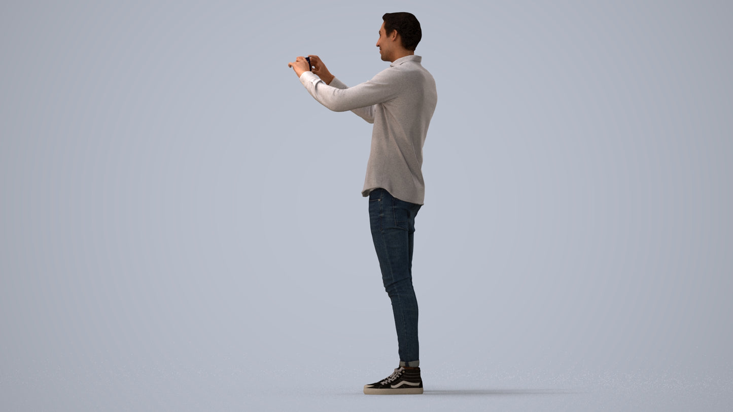 3D human model man casual standing, photogrammetry scanned person for archviz, three-quarter view render