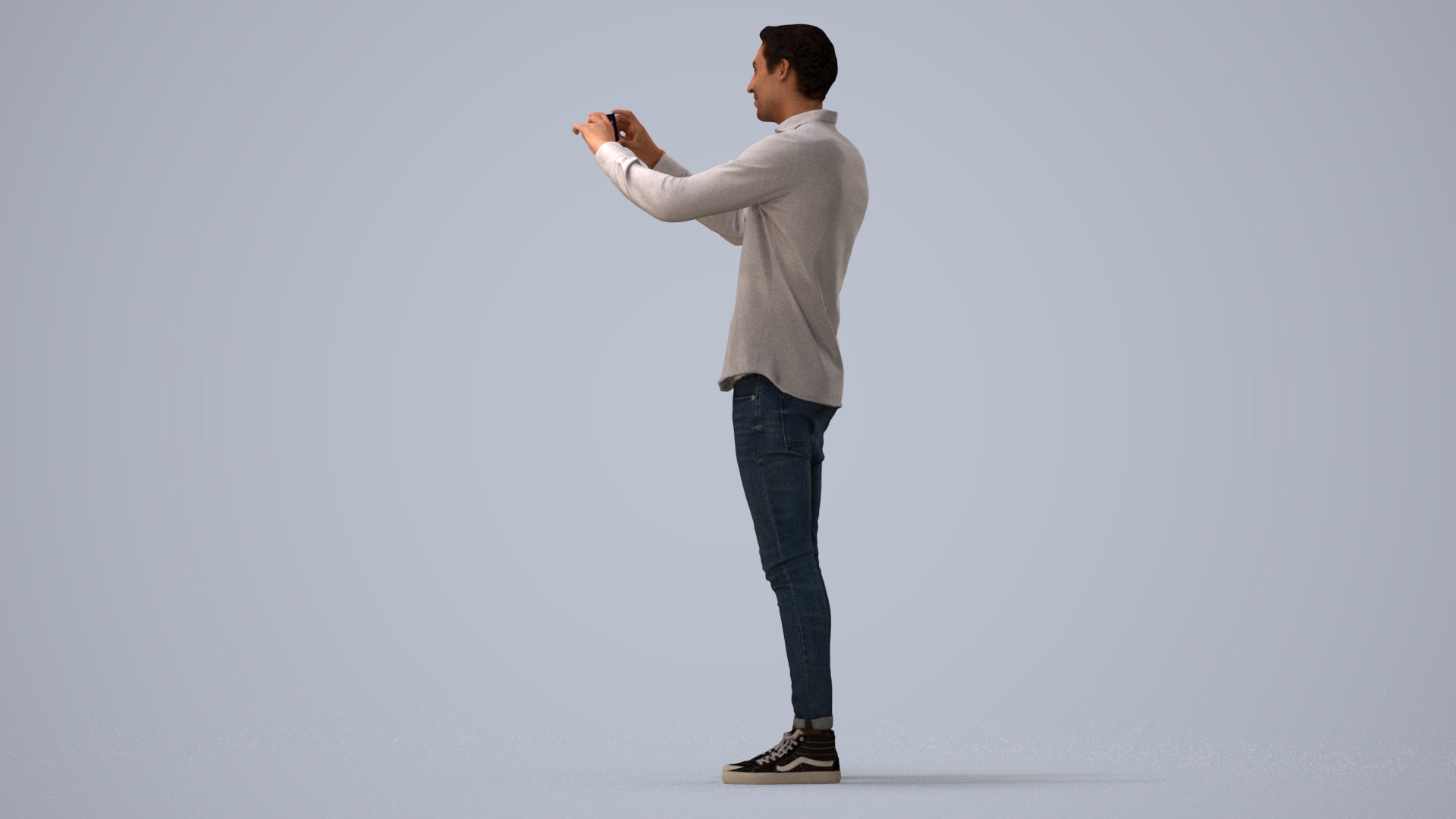 3D human model man casual standing, photogrammetry scanned person for archviz, three-quarter view render