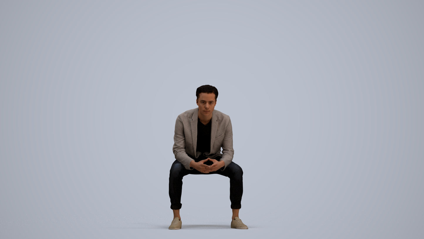 photogrammetry 3D man business sitting, realistic human model archviz FBX, standing pose render
