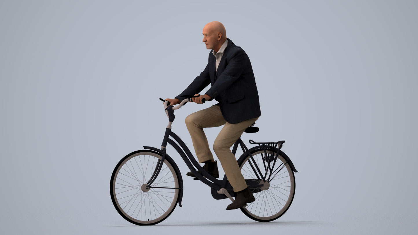 realistic 3D senior man business cycling, scanned archviz people for Blender and 3ds Max, three-quarter view render