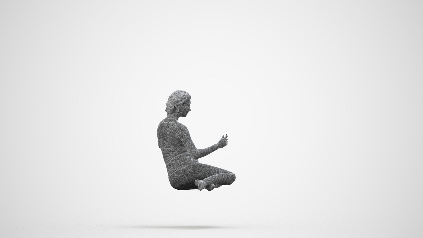 photogrammetry 3D woman casual sitting, realistic human model archviz FBX, wireframe side view