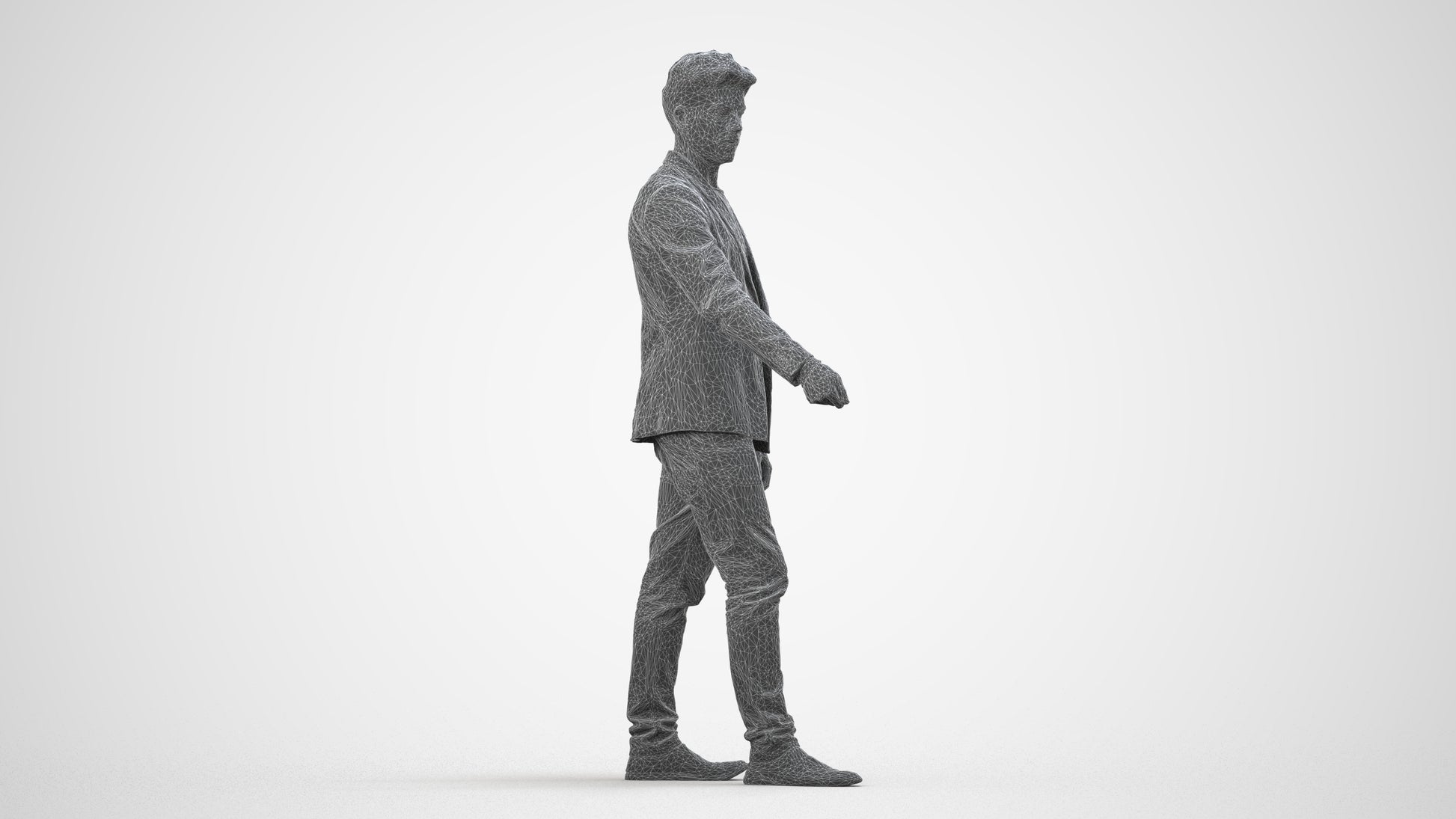 3D people model man casual door, scanned human for 3ds Max rendering, wireframe side view
