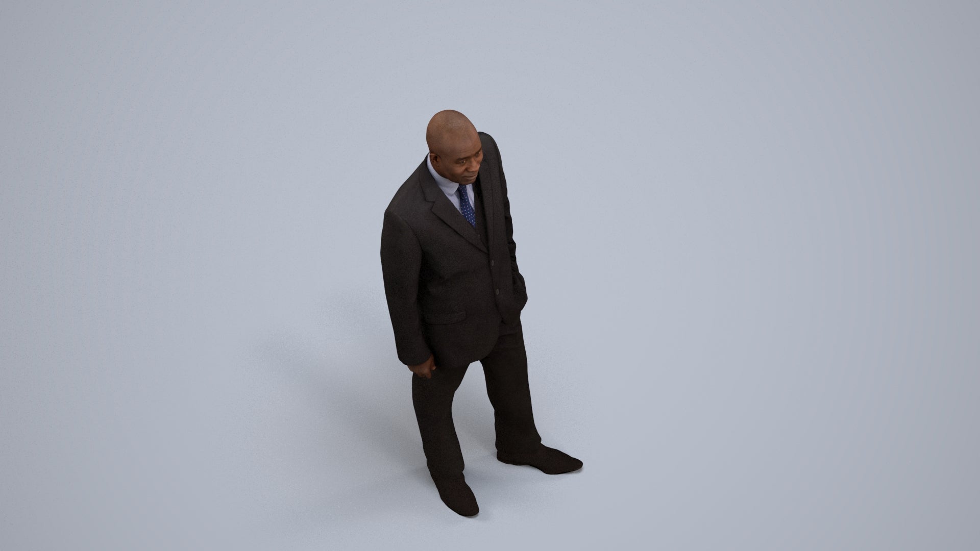 3D human model man business, photogrammetry scanned person for archviz, back view render