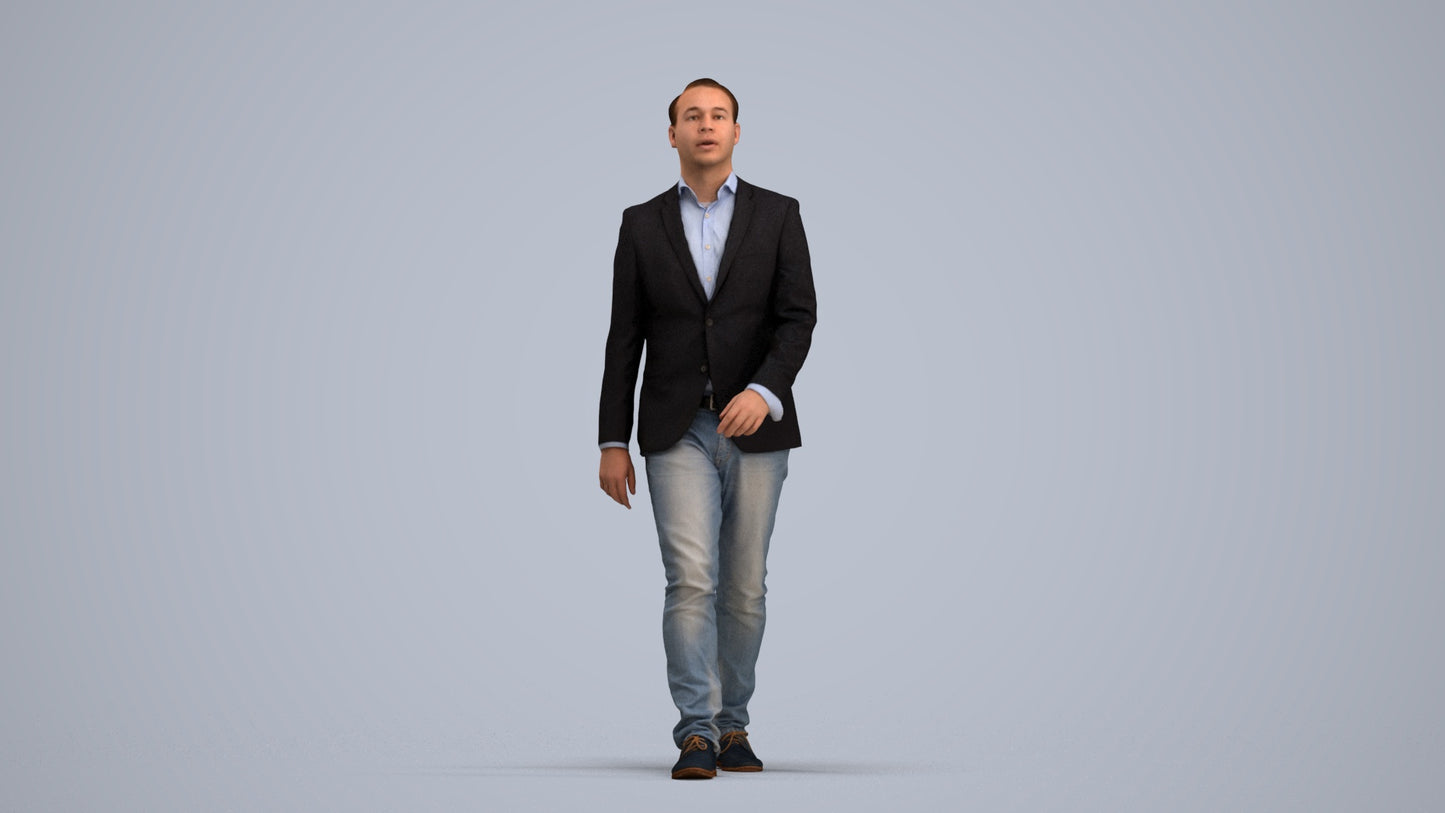 3D human model man business walking, photogrammetry scanned person for archviz, standing pose render