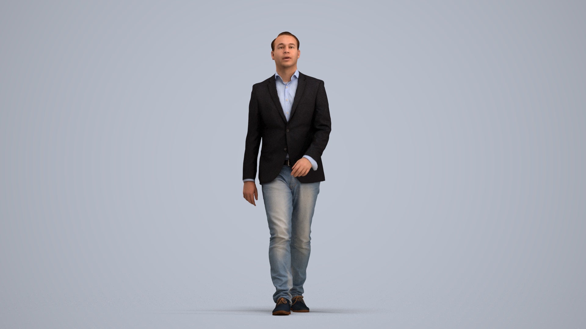 3D human model man business walking, photogrammetry scanned person for archviz, standing pose render