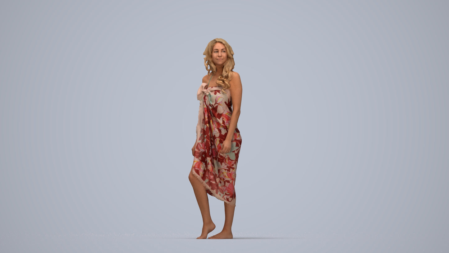 3D human model woman pool, photogrammetry scanned person for archviz, top-down view render