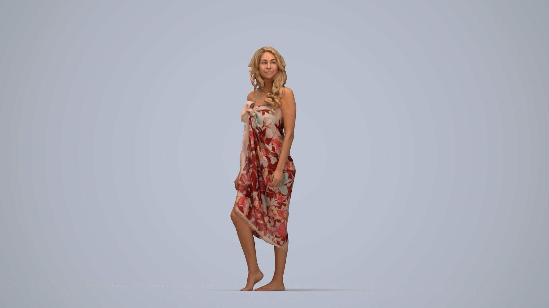3D human model woman pool, photogrammetry scanned person for archviz, top-down view render