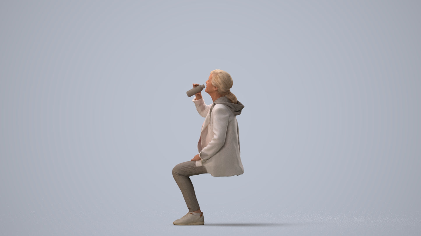 photogrammetry 3D senior girl casual sitting, realistic human model archviz FBX, three-quarter view render