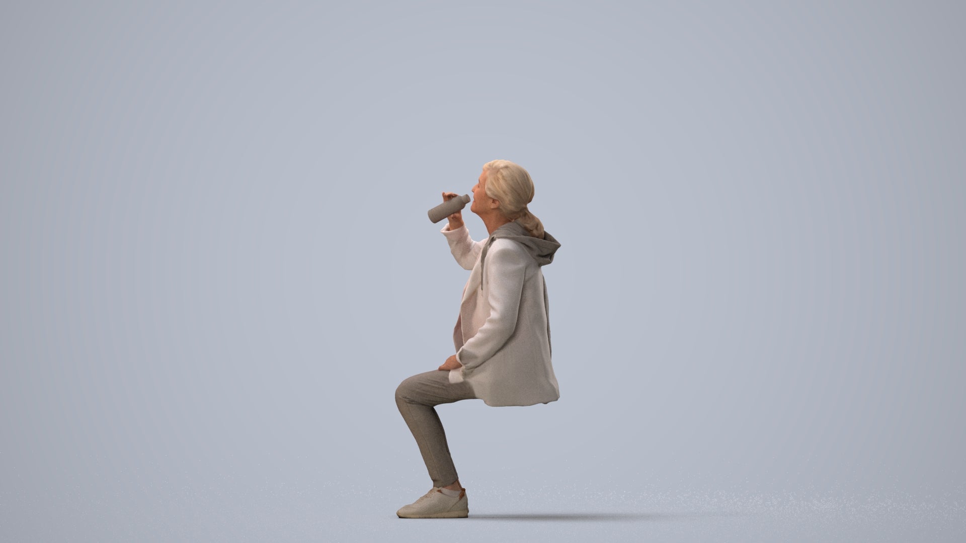 photogrammetry 3D senior girl casual sitting, realistic human model archviz FBX, three-quarter view render