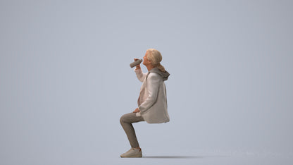 photogrammetry 3D senior girl casual sitting, realistic human model archviz FBX, three-quarter view render