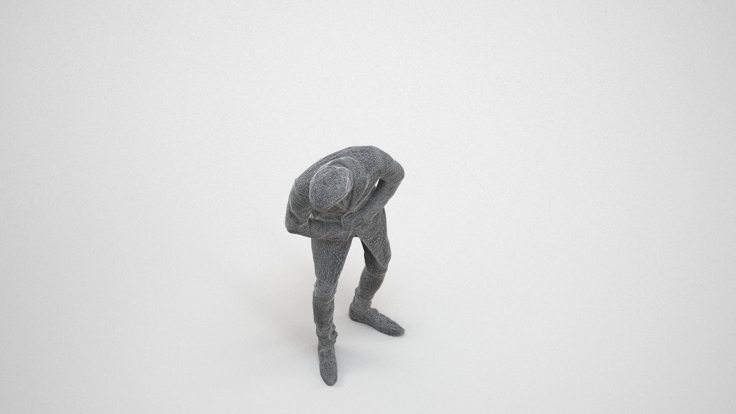 photogrammetry 3D man casual sitting, realistic human model archviz FBX, wireframe three-quarter view
