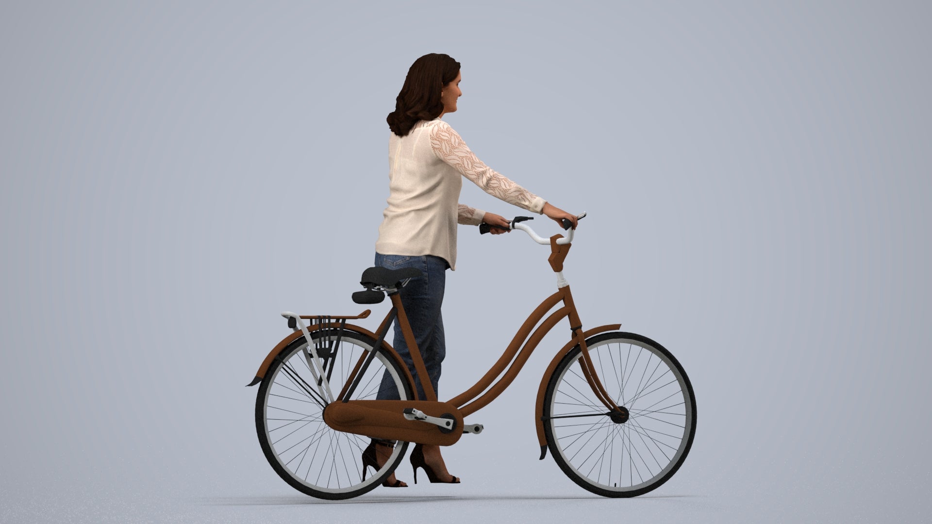 realistic 3D woman casual shopping, scanned archviz people for Blender and 3ds Max, side view render