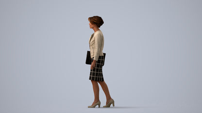 3D scanned woman walking business, photorealistic archviz people for Enscape and SketchUp, three-quarter view render