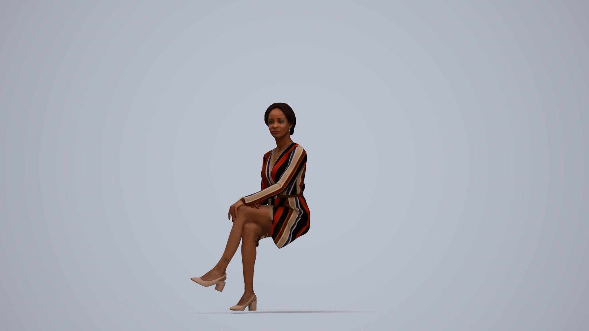 3D people model woman casual sitting, scanned human for 3ds Max rendering, top-down view render