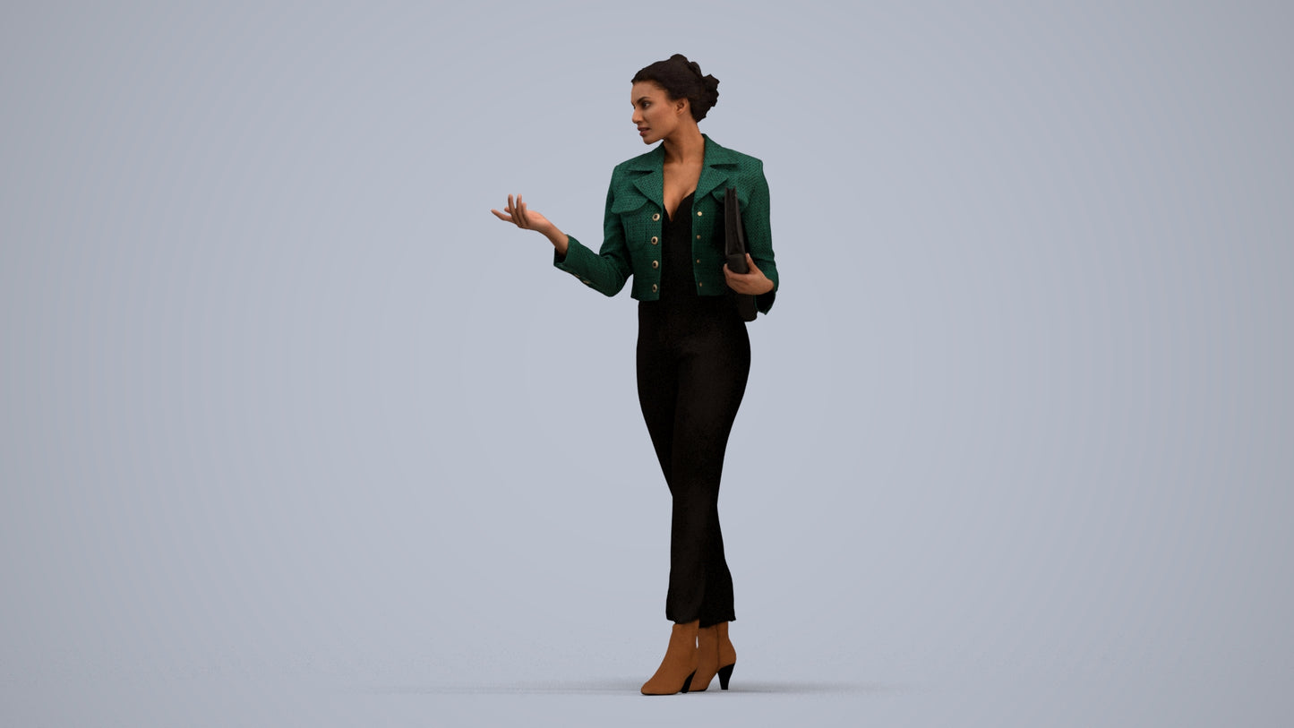 3D human model woman business standing, photogrammetry scanned person for archviz, standing pose render