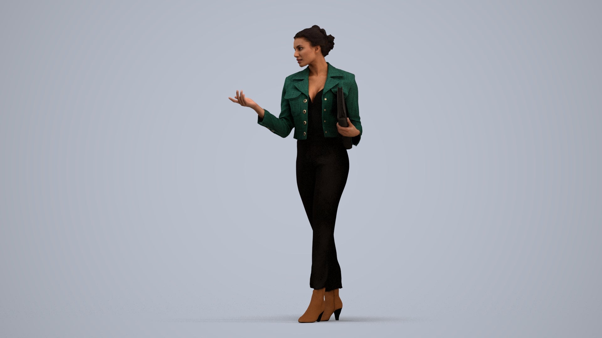 3D human model woman business standing, photogrammetry scanned person for archviz, standing pose render