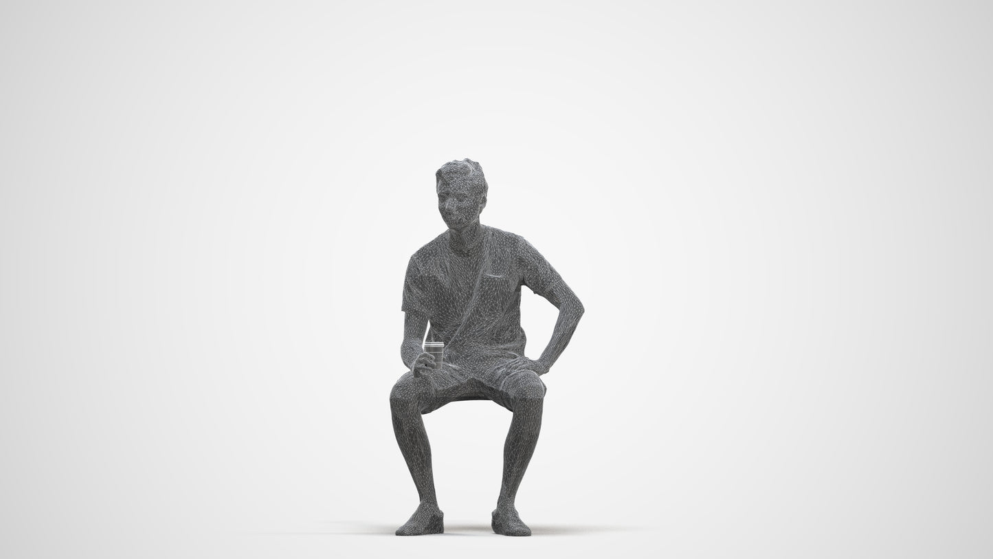 realistic 3D man casual sitting, scanned archviz people for Blender and 3ds Max, three-quarter front view render