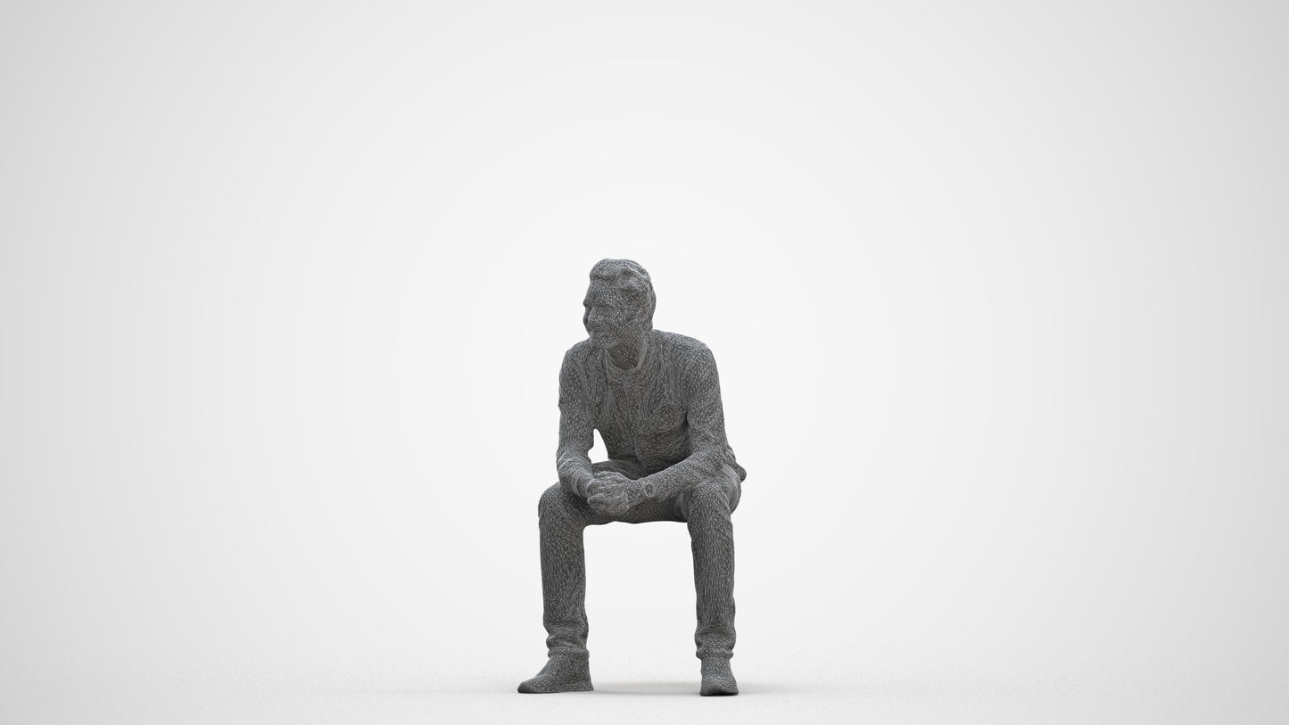 photogrammetry 3D man casual sitting, realistic human model archviz FBX, three-quarter front view render