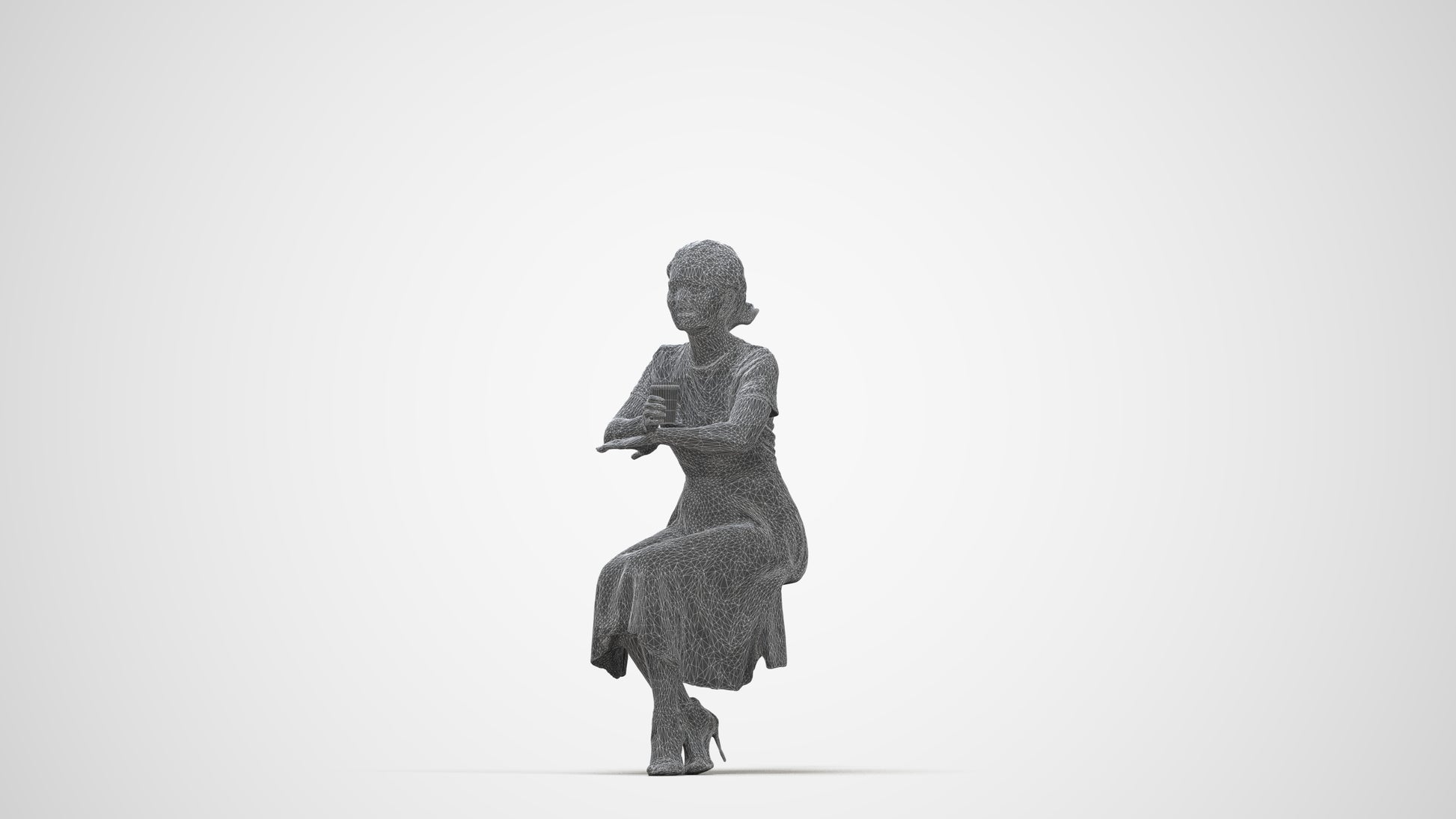 realistic 3D woman casual sitting, scanned archviz people for Blender and 3ds Max, wireframe back view