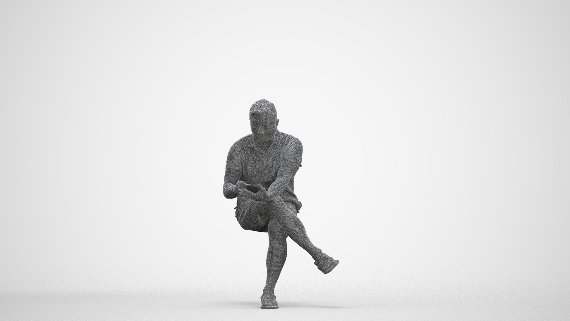 3D people model man casual sitting, scanned human for 3ds Max rendering, three-quarter front view render