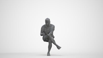 3D people model man casual sitting, scanned human for 3ds Max rendering, three-quarter front view render