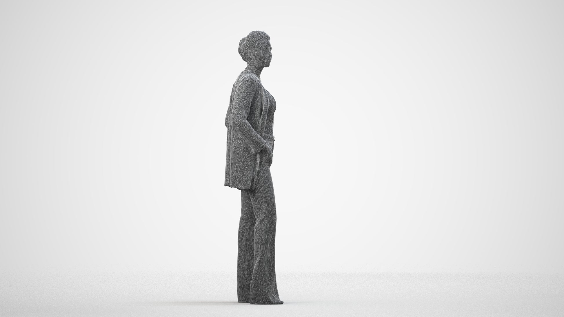 3D people model woman business standing, scanned human for 3ds Max rendering, wireframe side view
